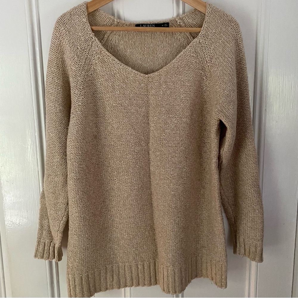 Lauren Ralph Lauren Sweater womens m v-neck Tan Chunky Knit minimalist casual